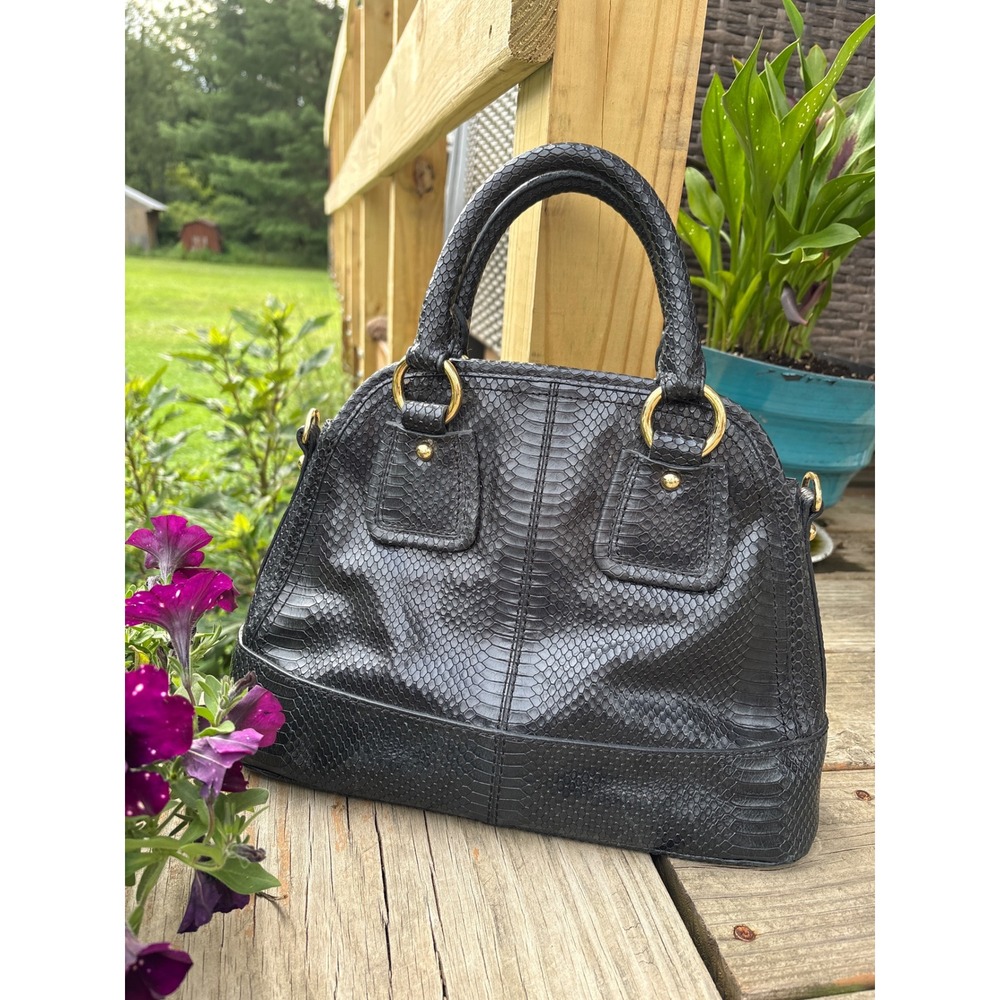 Talbots Black Leather Snakeskin Embossed Satchel Handbag Gold Tone Hardware Bag
